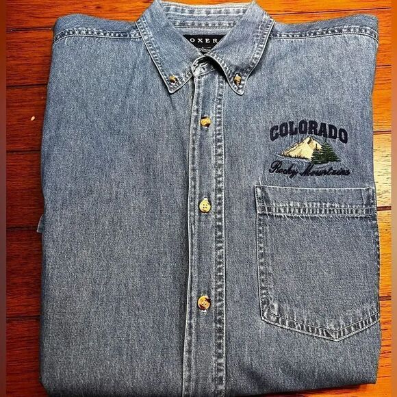 EUC Oxer Short Sleeve Denim Colorado Roxy Mountains Embroidered Size Lg #MSOC16 - Picture 6 of 6